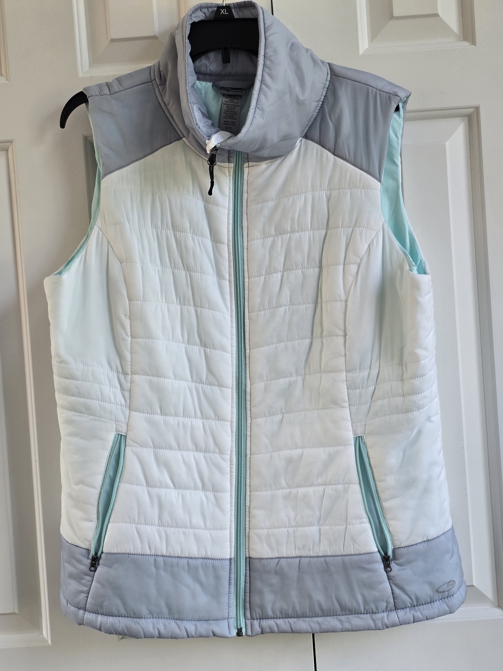 Champion White Quilted Puffer Vest with Light Gray & Mint Accents